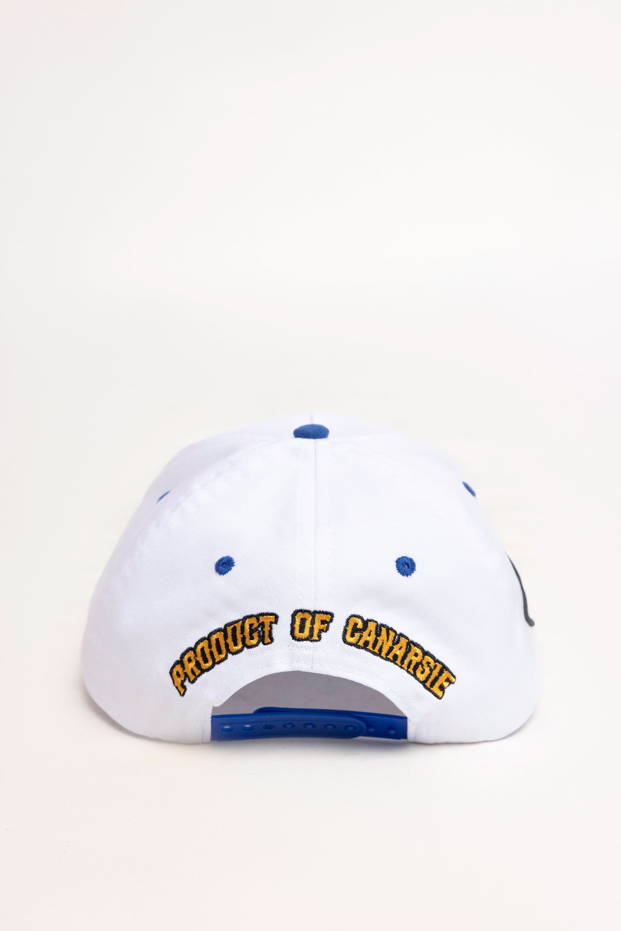 Duccy Hat Snapback White with Royal Blue Suede Brim - Back View