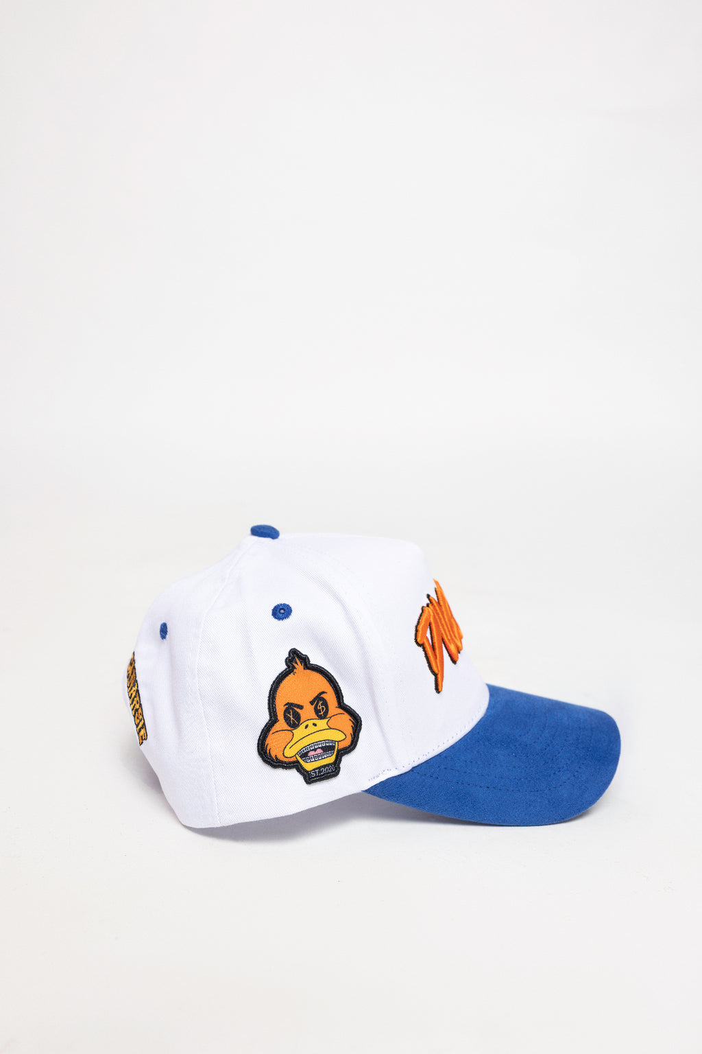 Duccy Hat Snapback White with Royal Blue Suede Brim - Side View