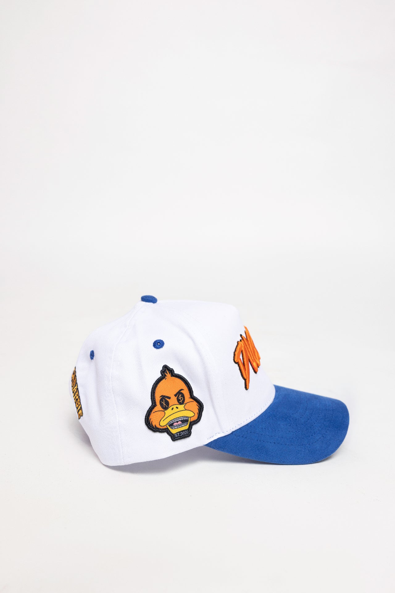 Duccy Hat Snapback White with Royal Blue Suede Brim - Side View