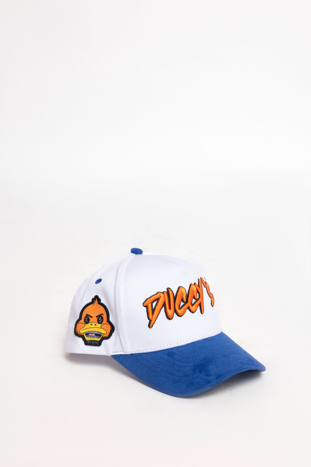 Duccy Hat Snapback White with Royal Blue Suede Brim - Front View